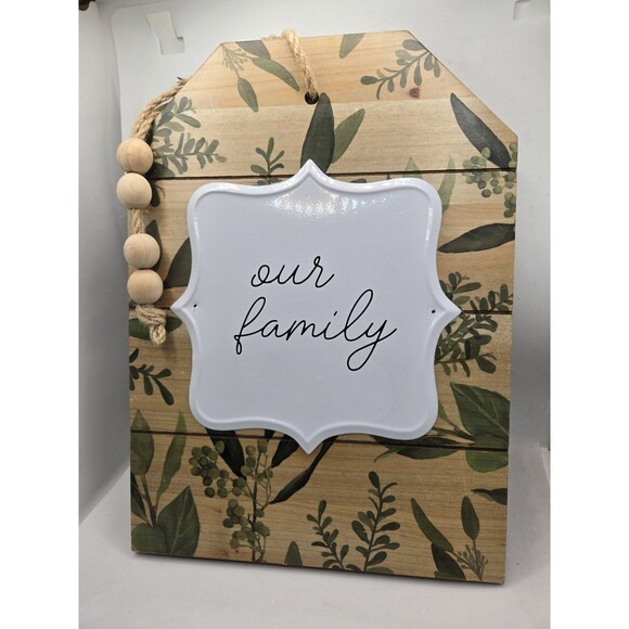 "OUR FAMILY" Wood And Metal Hanging Wall Decor 15.5” Braided Loop And Beads - Picture 1 of 3